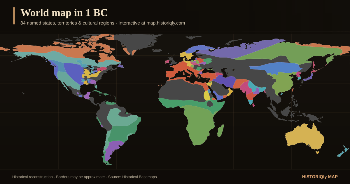 Historical world map in 1 BC showing reconstructed borders, states, territories, and cultural regions