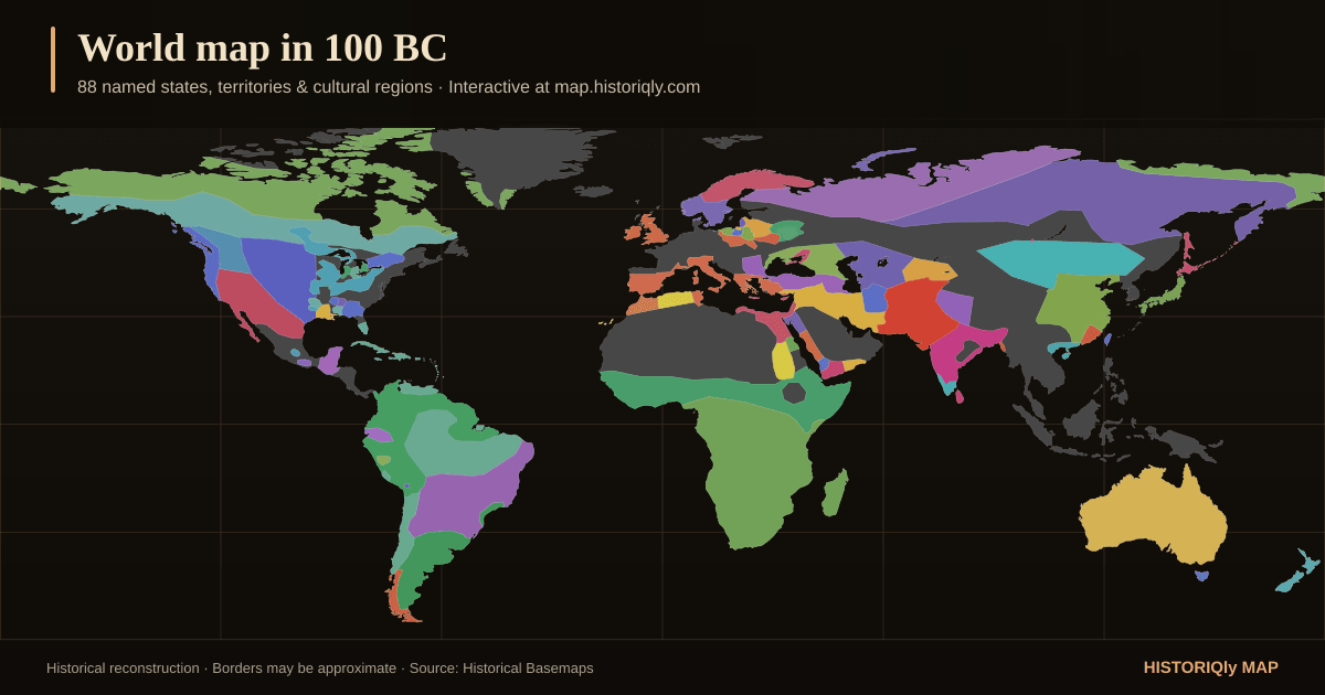 Historical world map in 100 BC showing reconstructed borders, states, territories, and cultural regions