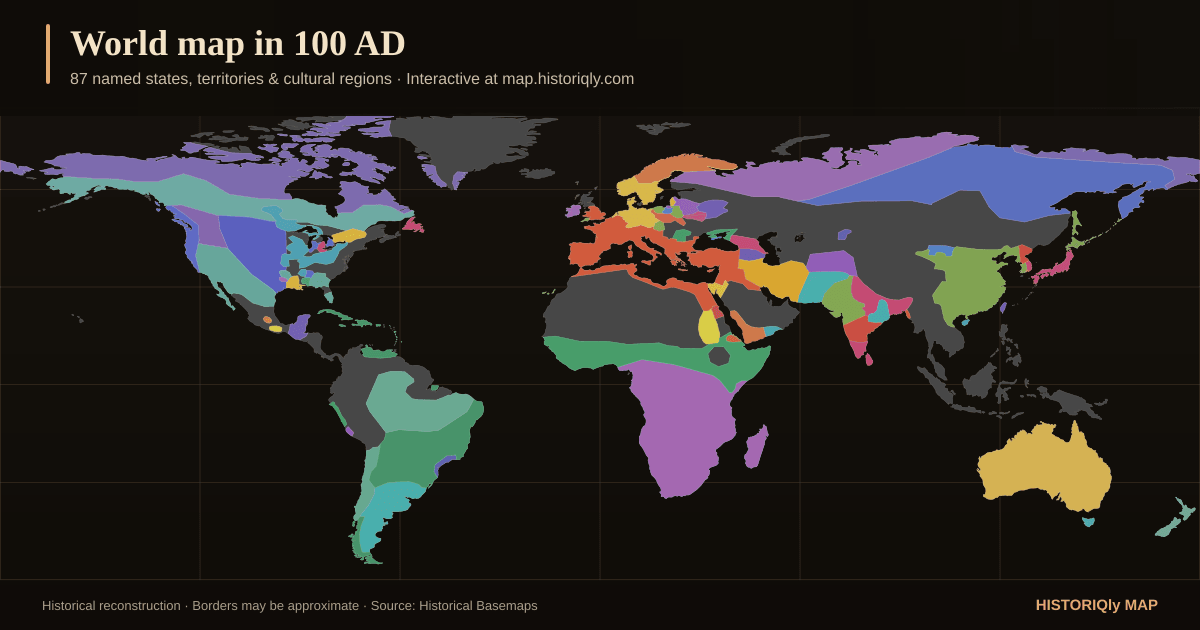 Historical world map in 100 AD showing reconstructed borders, states, territories, and cultural regions