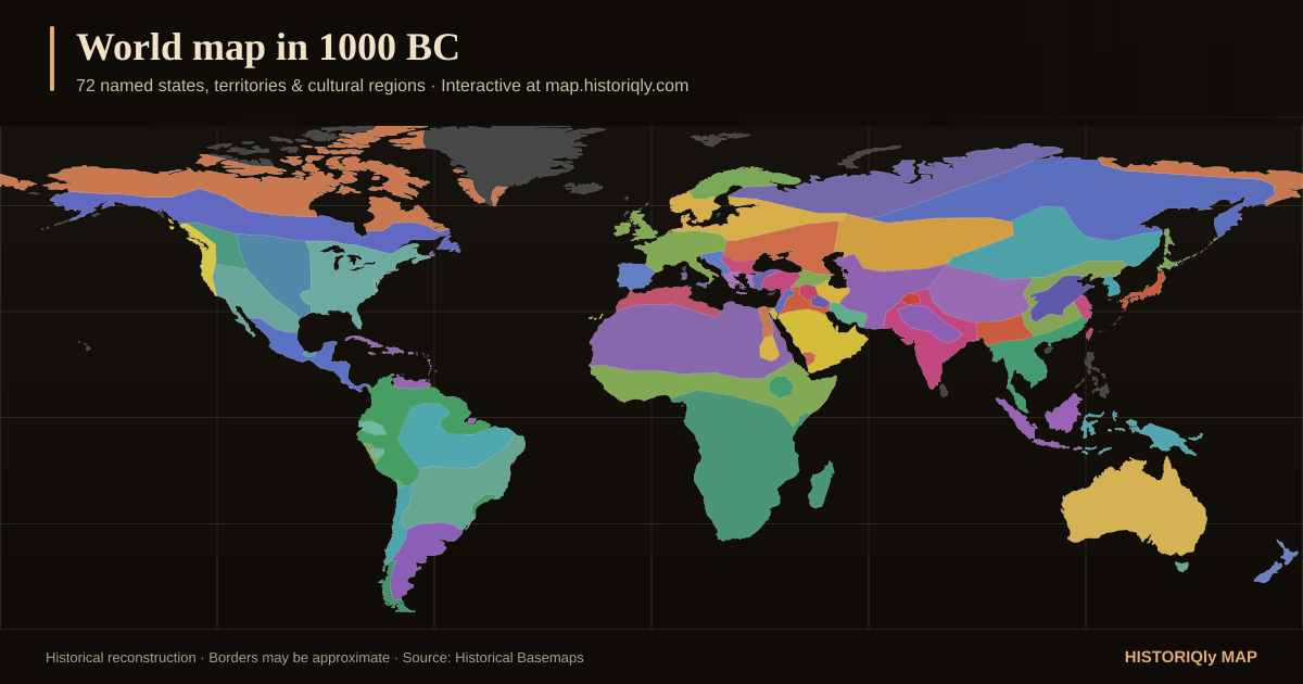 Historical world map in 1000 BC showing reconstructed borders, states, territories, and cultural regions