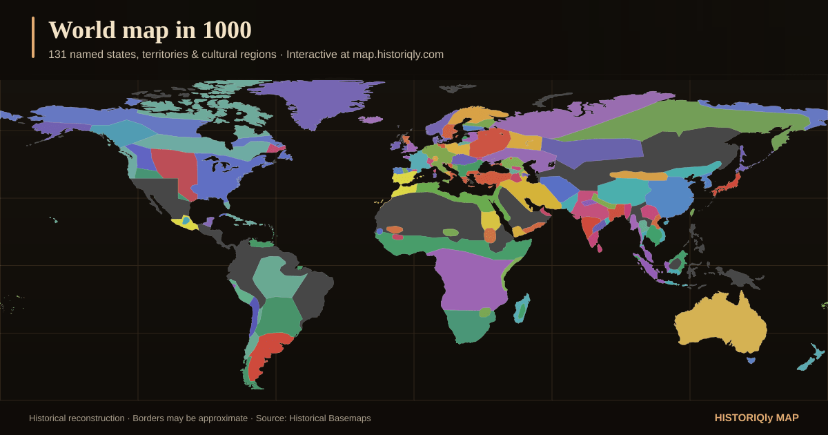 Historical world map in 1000 showing reconstructed borders, states, territories, and cultural regions