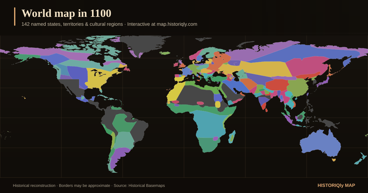 Historical world map in 1100 showing reconstructed borders, states, territories, and cultural regions