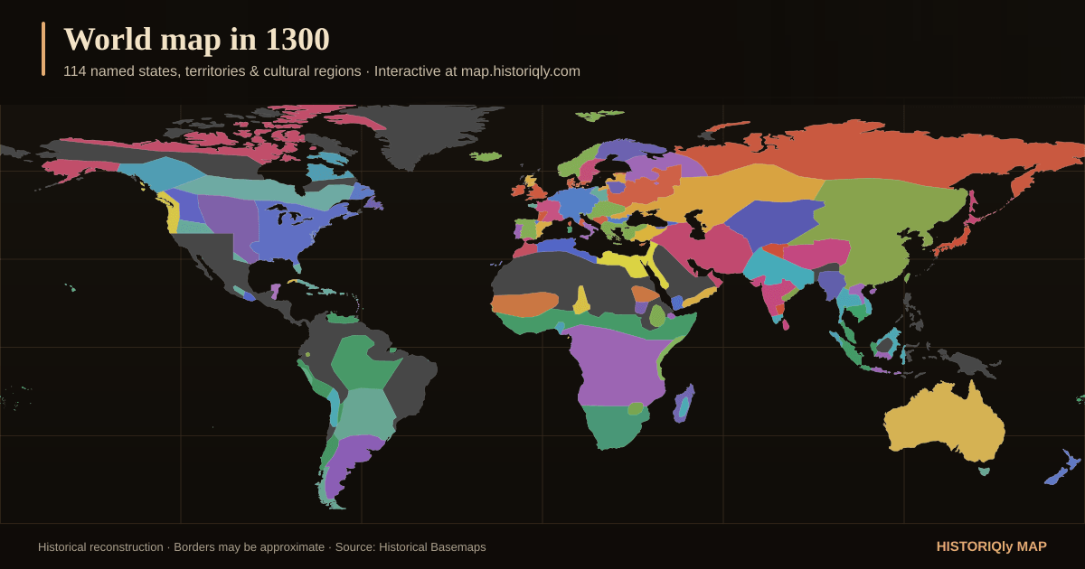 Historical world map in 1300 showing reconstructed borders, states, territories, and cultural regions