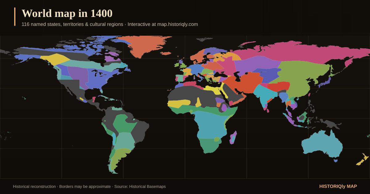 Historical world map in 1400 showing reconstructed borders, states, territories, and cultural regions