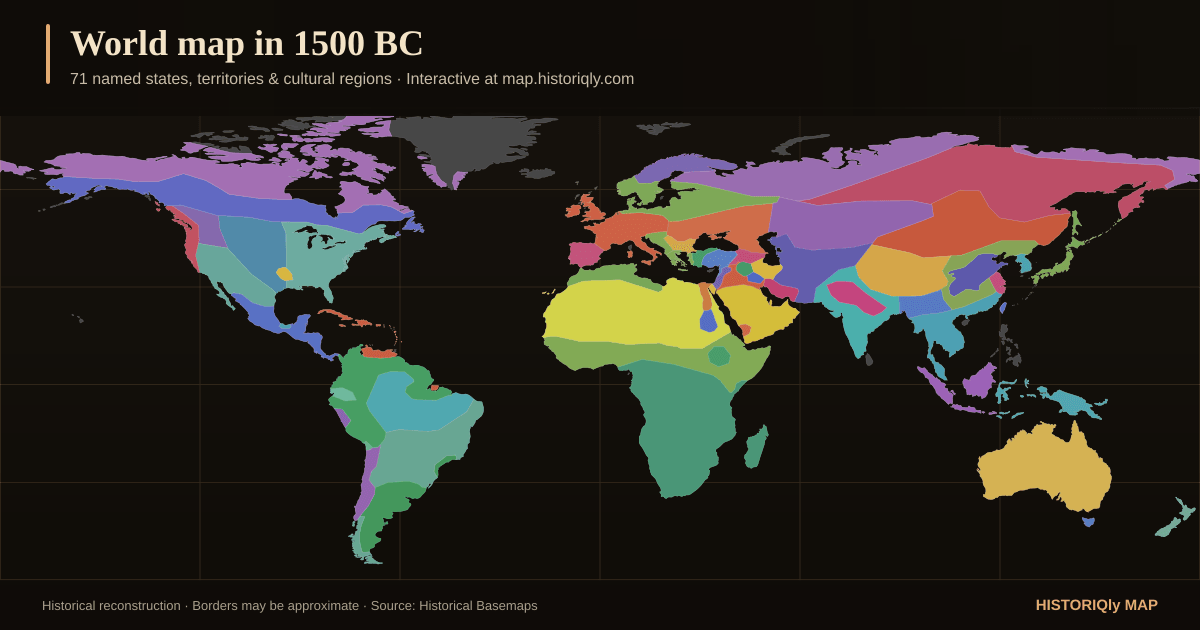 Historical world map in 1500 BC showing reconstructed borders, states, territories, and cultural regions
