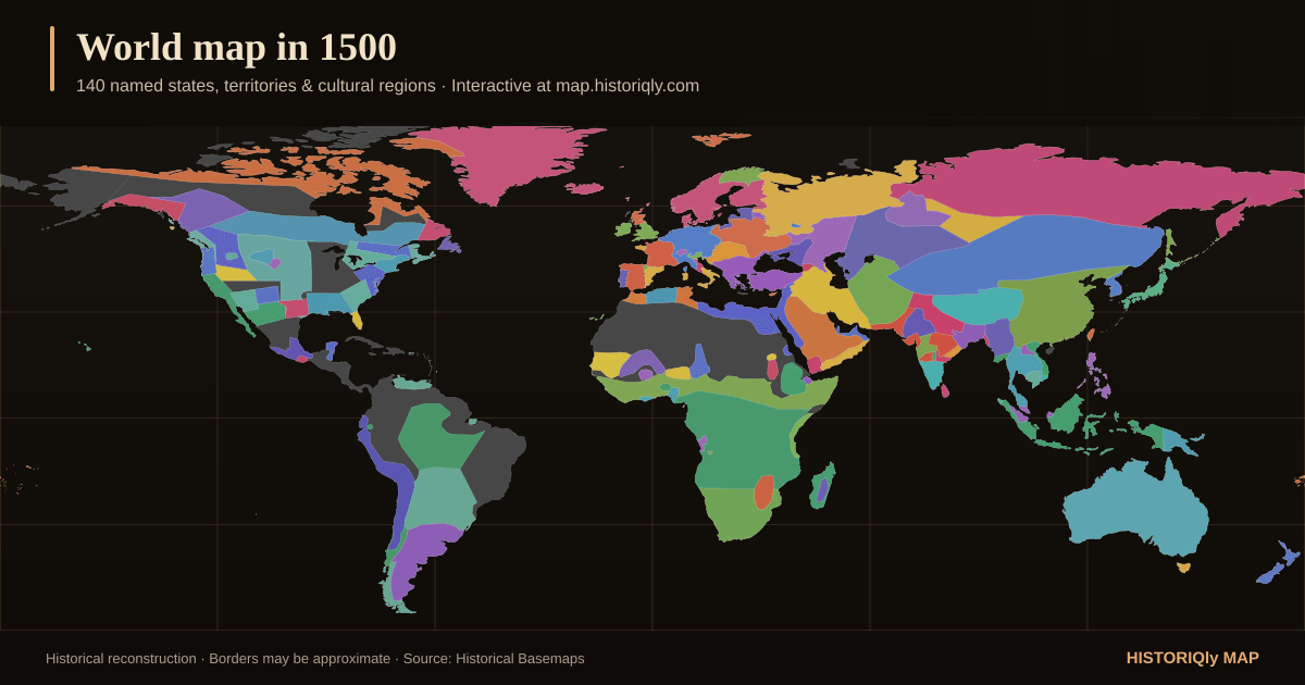 Historical world map in 1500 showing reconstructed borders, states, territories, and cultural regions