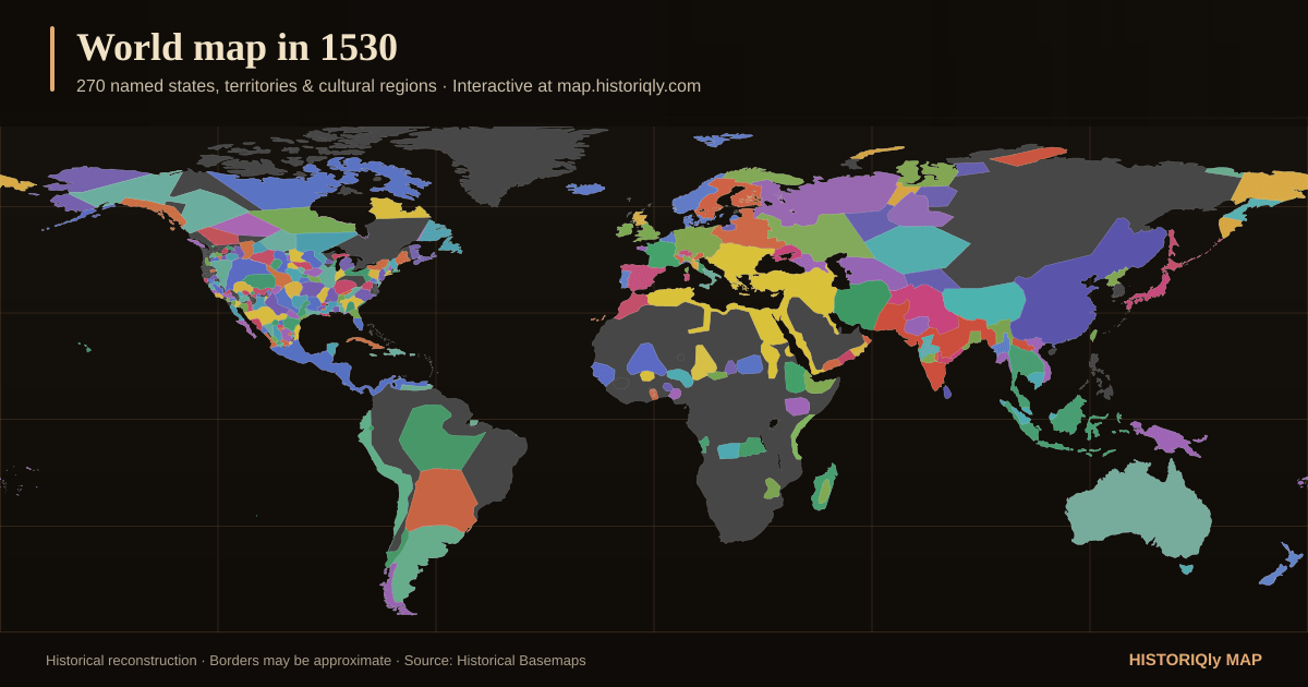 Historical world map in 1530 showing reconstructed borders, states, territories, and cultural regions