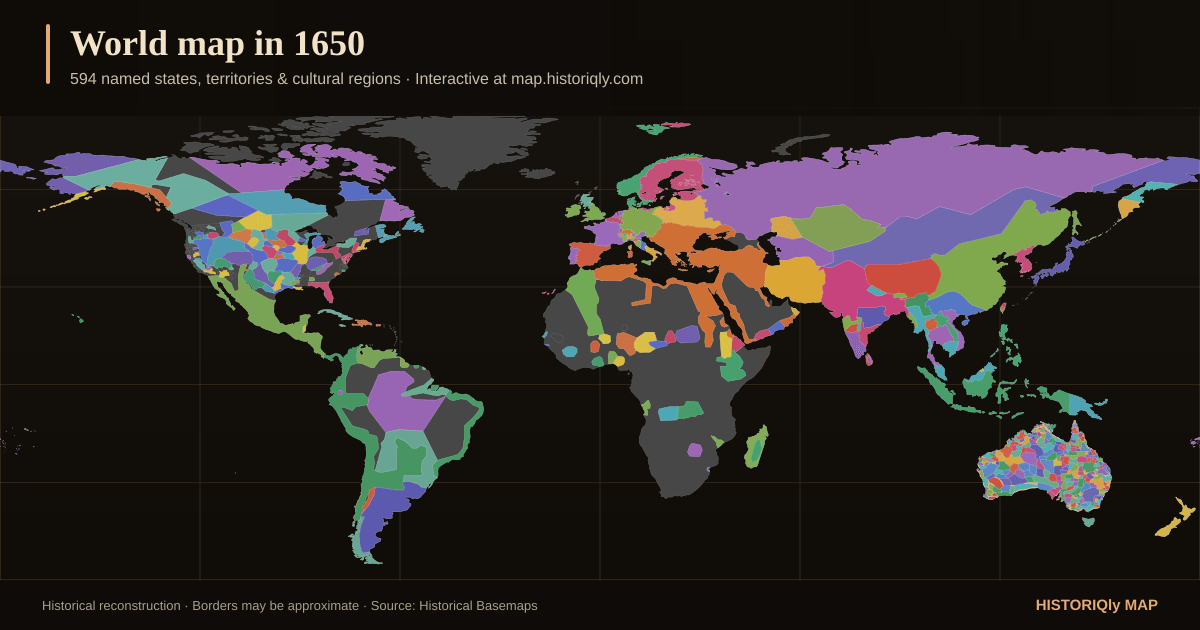 Historical world map in 1650 showing reconstructed borders, states, territories, and cultural regions