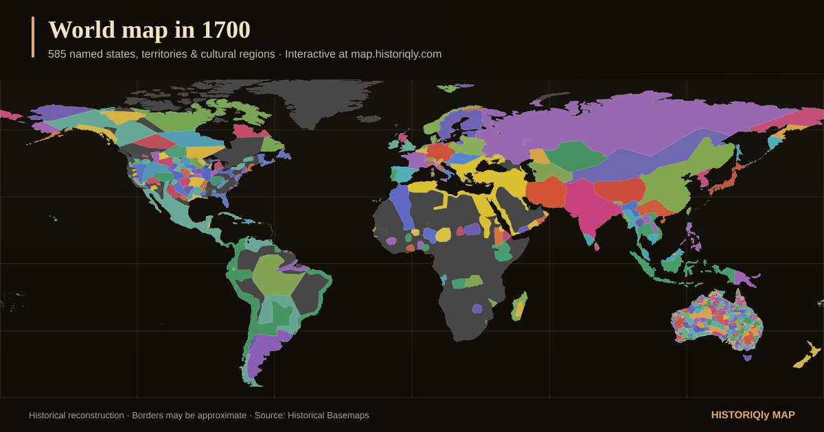 Historical world map in 1700 showing reconstructed borders, states, territories, and cultural regions