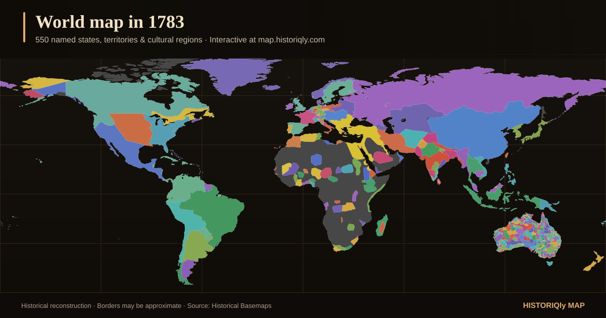 Historical world map in 1783 showing reconstructed borders, states, territories, and cultural regions