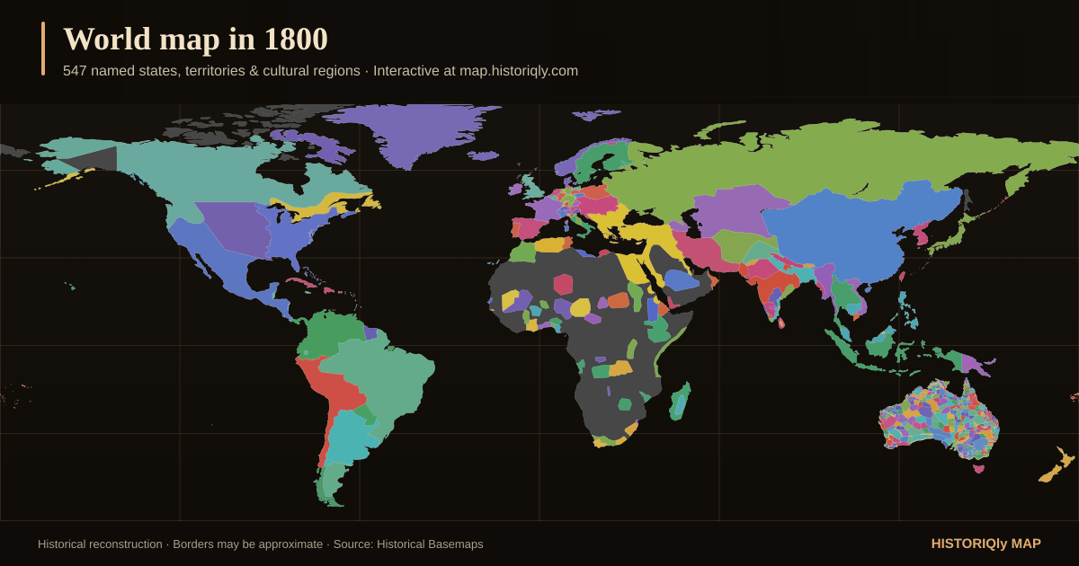 Historical world map in 1800 showing reconstructed borders, states, territories, and cultural regions