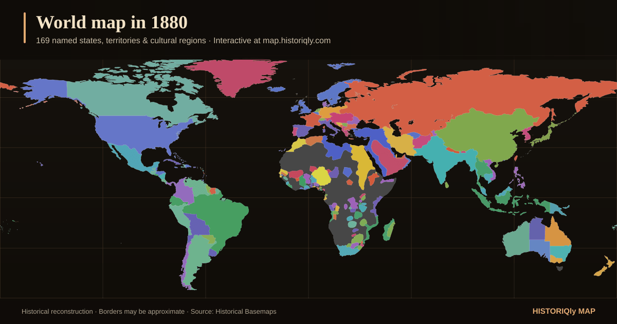 Historical world map in 1880 showing reconstructed borders, states, territories, and cultural regions