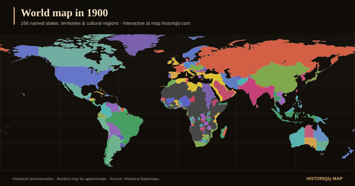 Historical world map in 1900 showing reconstructed borders, states, territories, and cultural regions