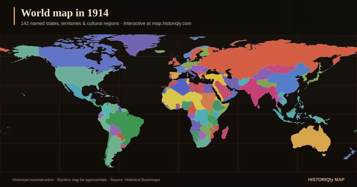 Historical world map in 1914 showing reconstructed borders, states, territories, and cultural regions