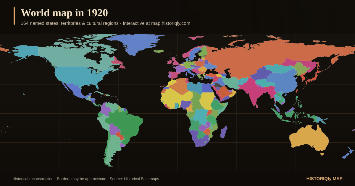 Historical world map in 1920 showing reconstructed borders, states, territories, and cultural regions