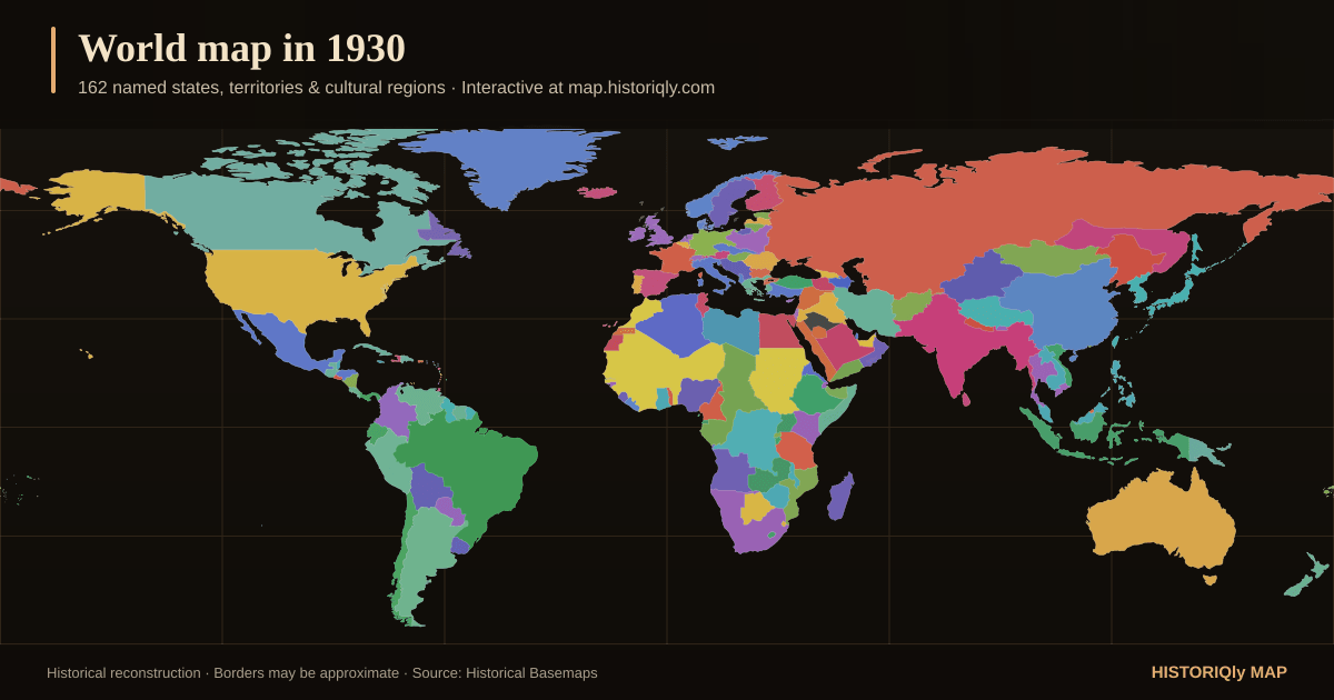 Historical world map in 1930 showing reconstructed borders, states, territories, and cultural regions