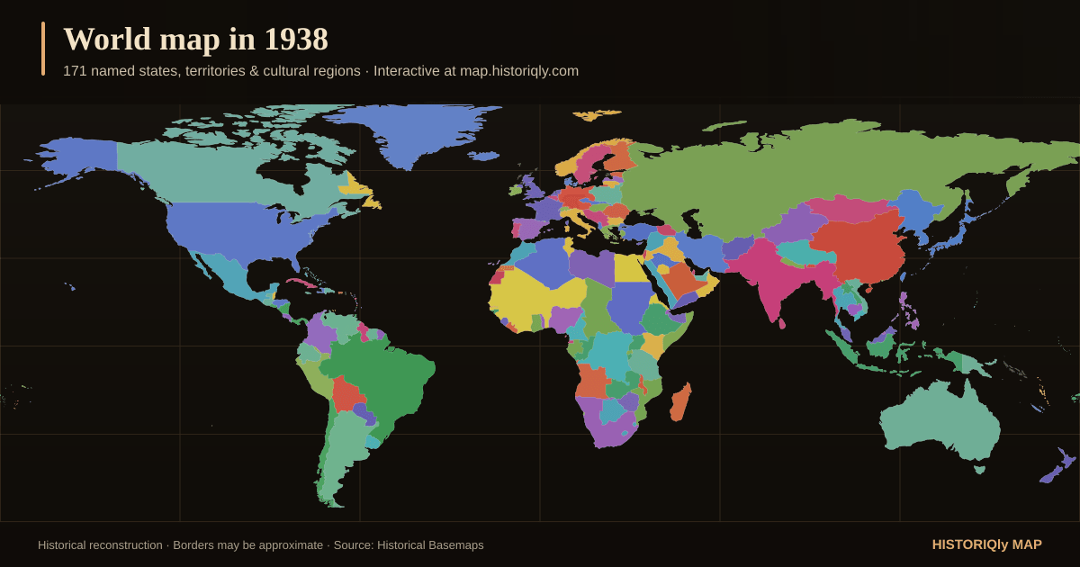 Historical world map in 1938 showing reconstructed borders, states, territories, and cultural regions