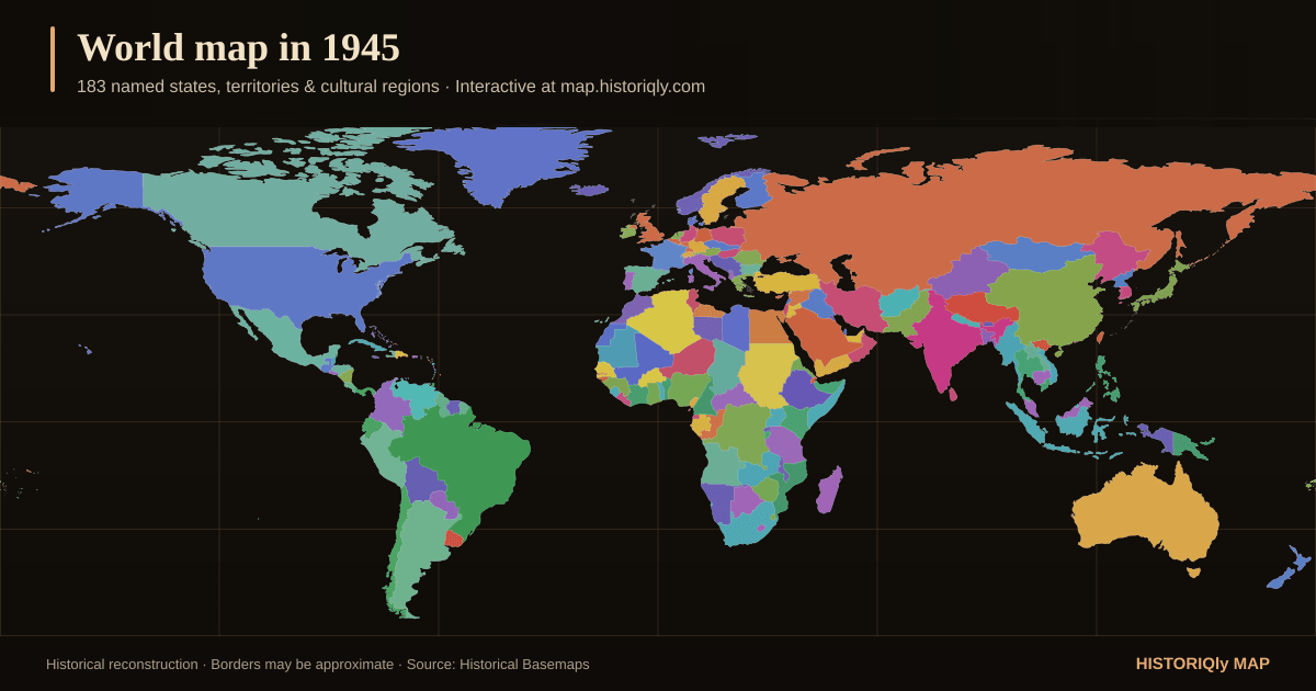 Historical world map in 1945 showing reconstructed borders, states, territories, and cultural regions