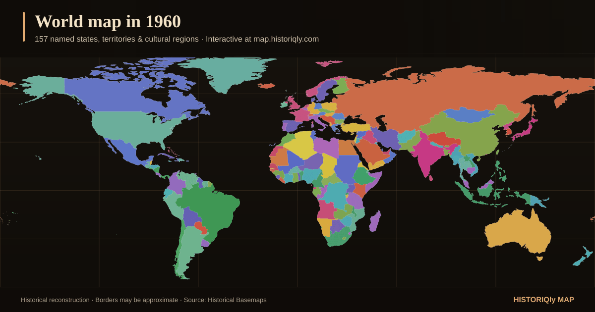 Historical world map in 1960 showing reconstructed borders, states, territories, and cultural regions