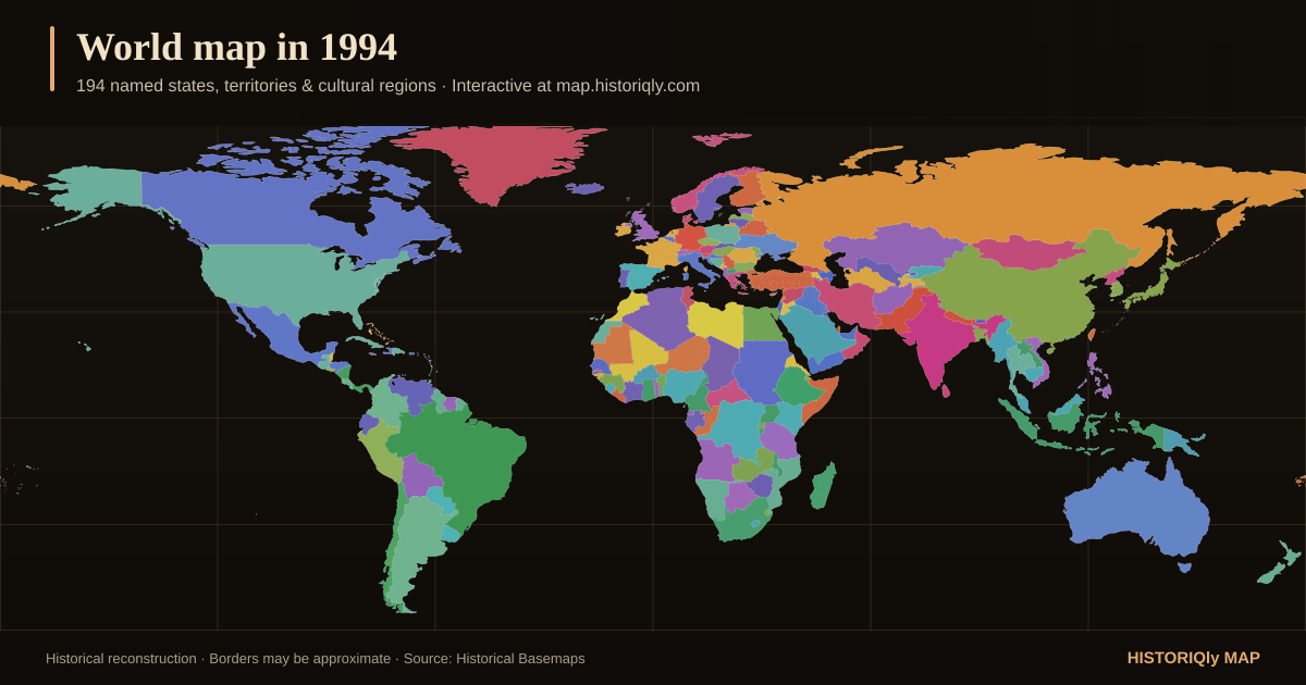 Historical world map in 1994 showing reconstructed borders, states, territories, and cultural regions