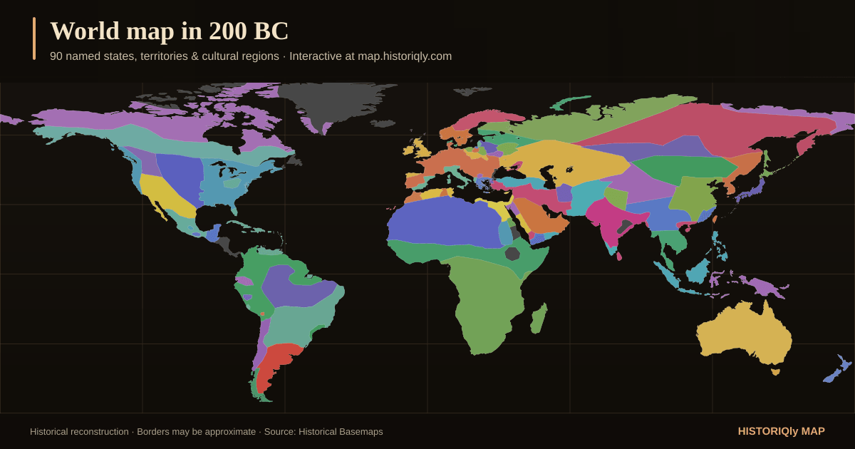 Historical world map in 200 BC showing reconstructed borders, states, territories, and cultural regions