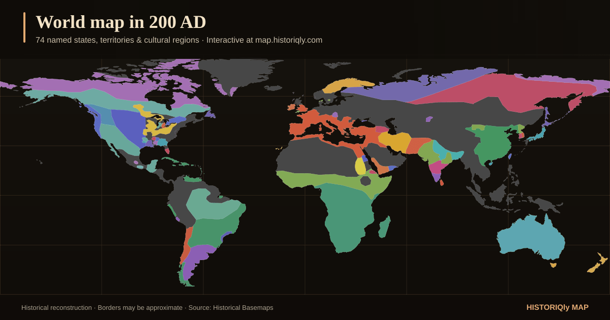 Historical world map in 200 AD showing reconstructed borders, states, territories, and cultural regions
