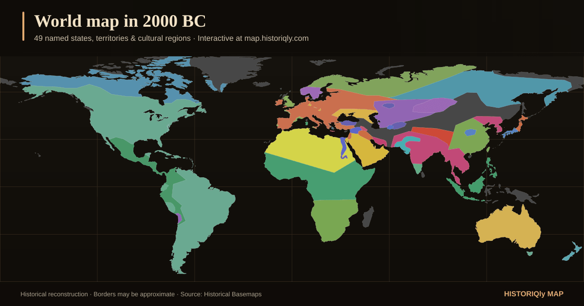 Historical world map in 2000 BC showing reconstructed borders, states, territories, and cultural regions