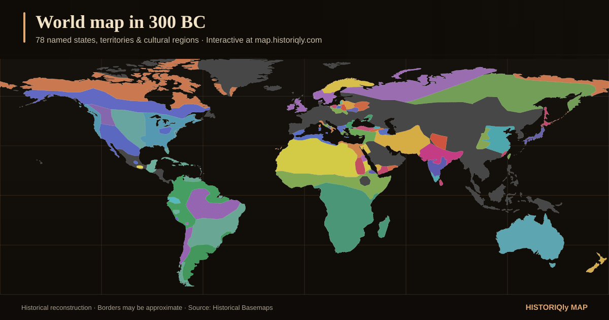 Historical world map in 300 BC showing reconstructed borders, states, territories, and cultural regions