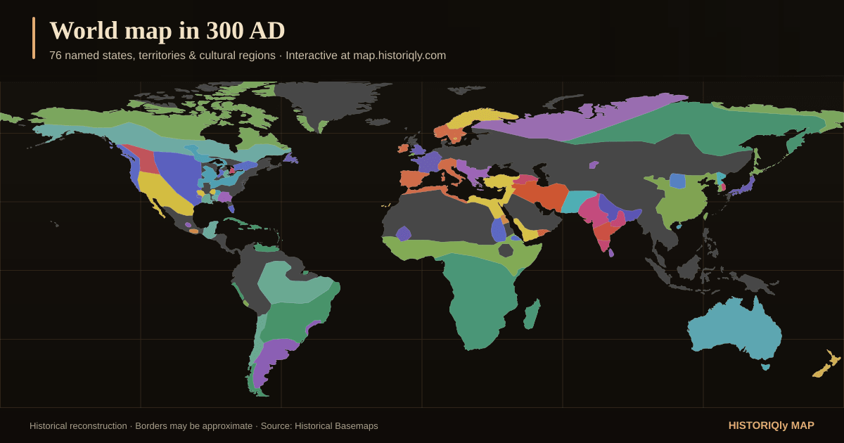 Historical world map in 300 AD showing reconstructed borders, states, territories, and cultural regions