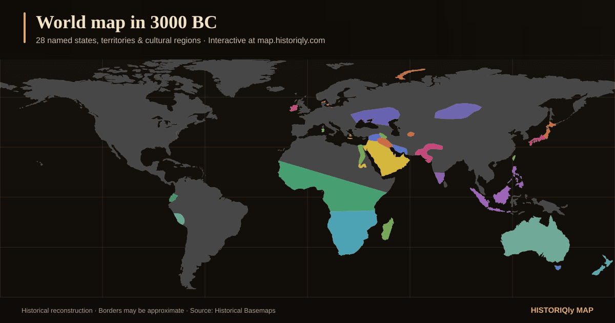 Historical world map in 3000 BC showing reconstructed borders, states, territories, and cultural regions