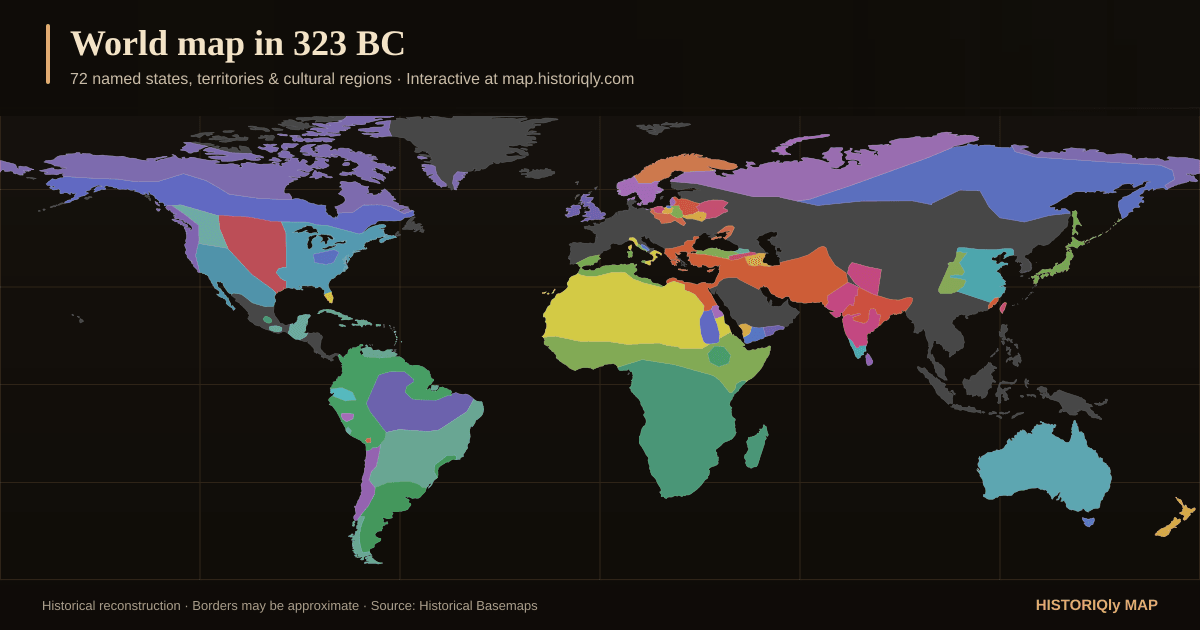 Historical world map in 323 BC showing reconstructed borders, states, territories, and cultural regions