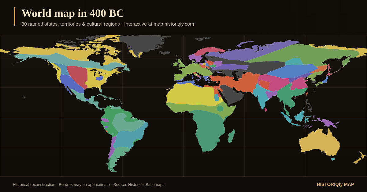 Historical world map in 400 BC showing reconstructed borders, states, territories, and cultural regions