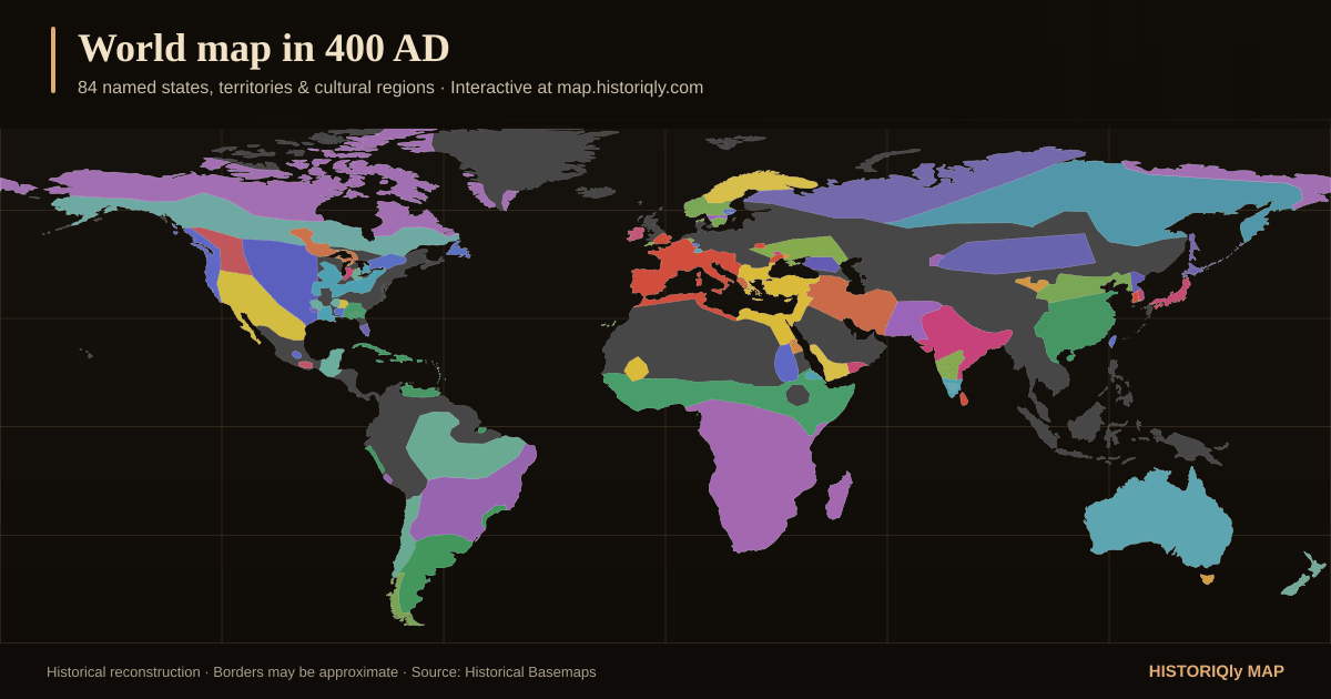 Historical world map in 400 AD showing reconstructed borders, states, territories, and cultural regions