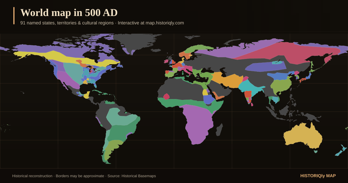 Historical world map in 500 AD showing reconstructed borders, states, territories, and cultural regions