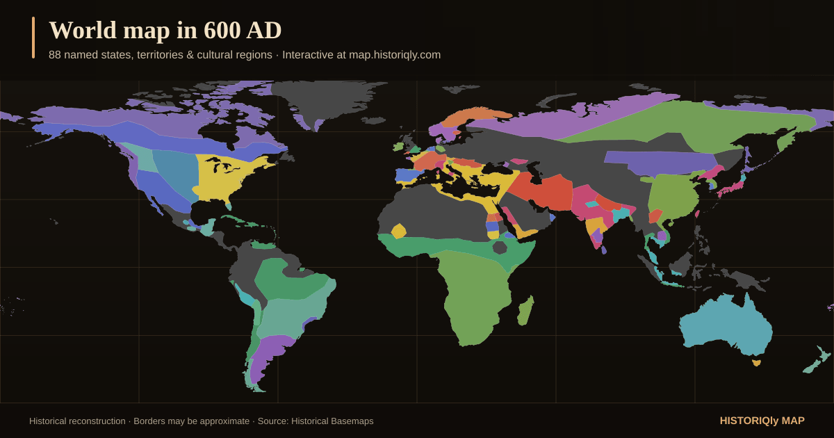 Historical world map in 600 AD showing reconstructed borders, states, territories, and cultural regions
