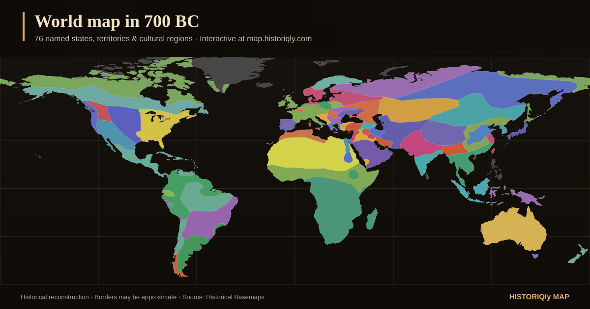 Historical world map in 700 BC showing reconstructed borders, states, territories, and cultural regions