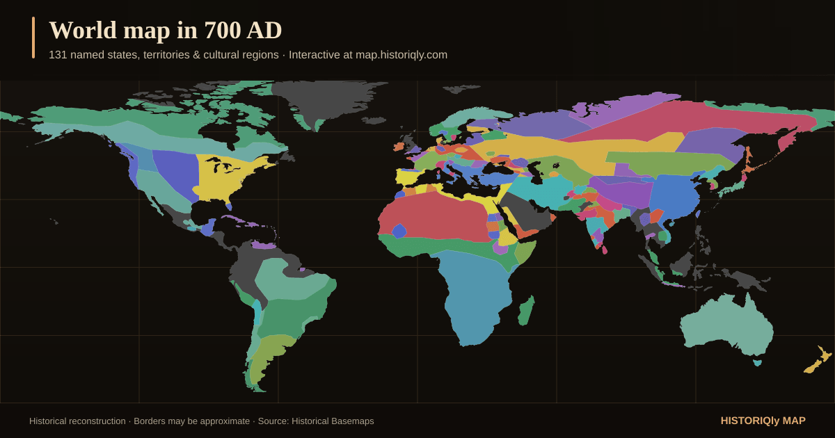 Historical world map in 700 AD showing reconstructed borders, states, territories, and cultural regions