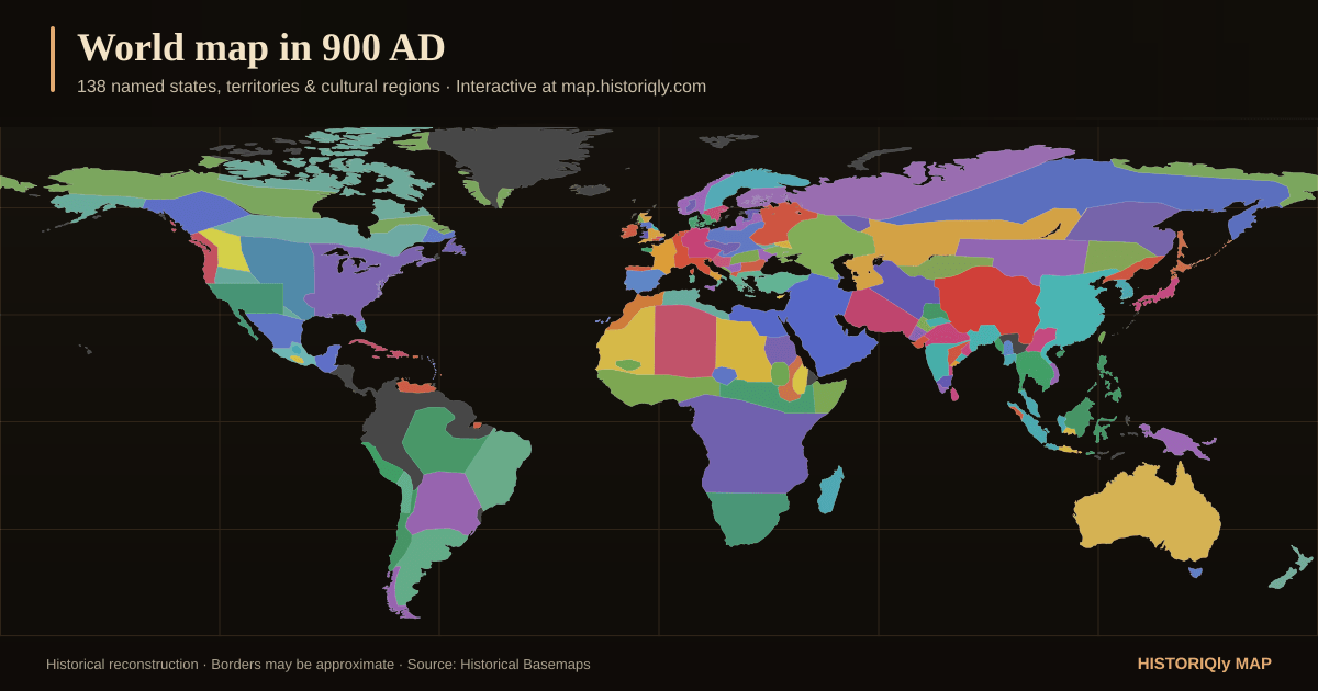 Historical world map in 900 AD showing reconstructed borders, states, territories, and cultural regions